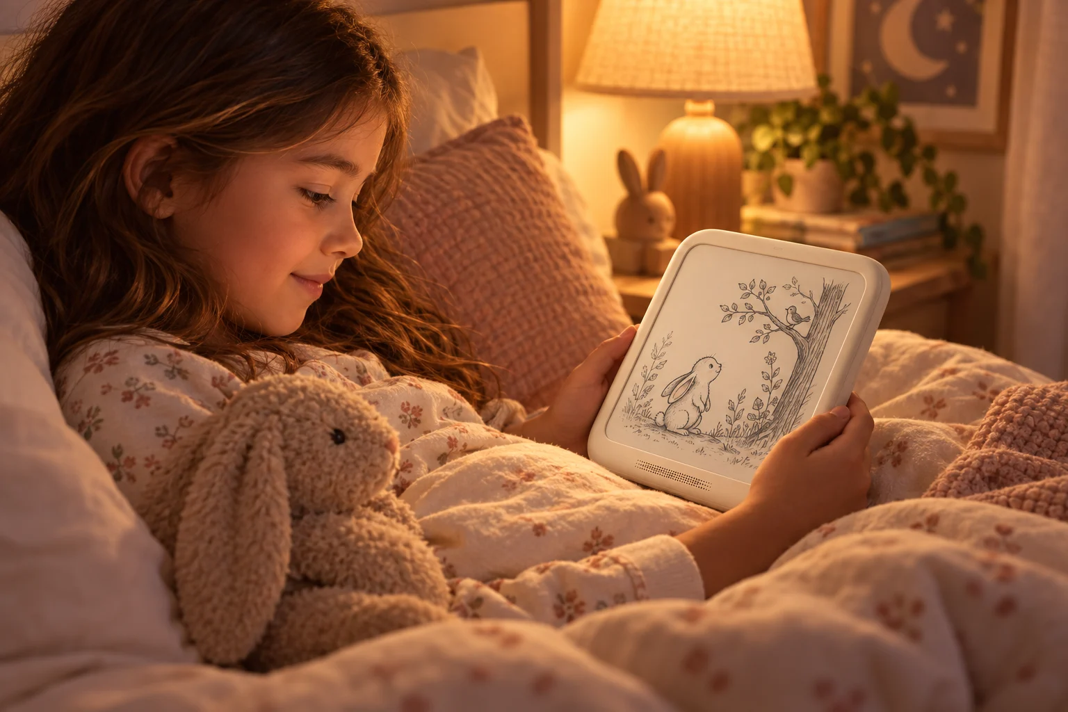 Concept scene: a child reading on the beige tablet beside a warm bedside lamp